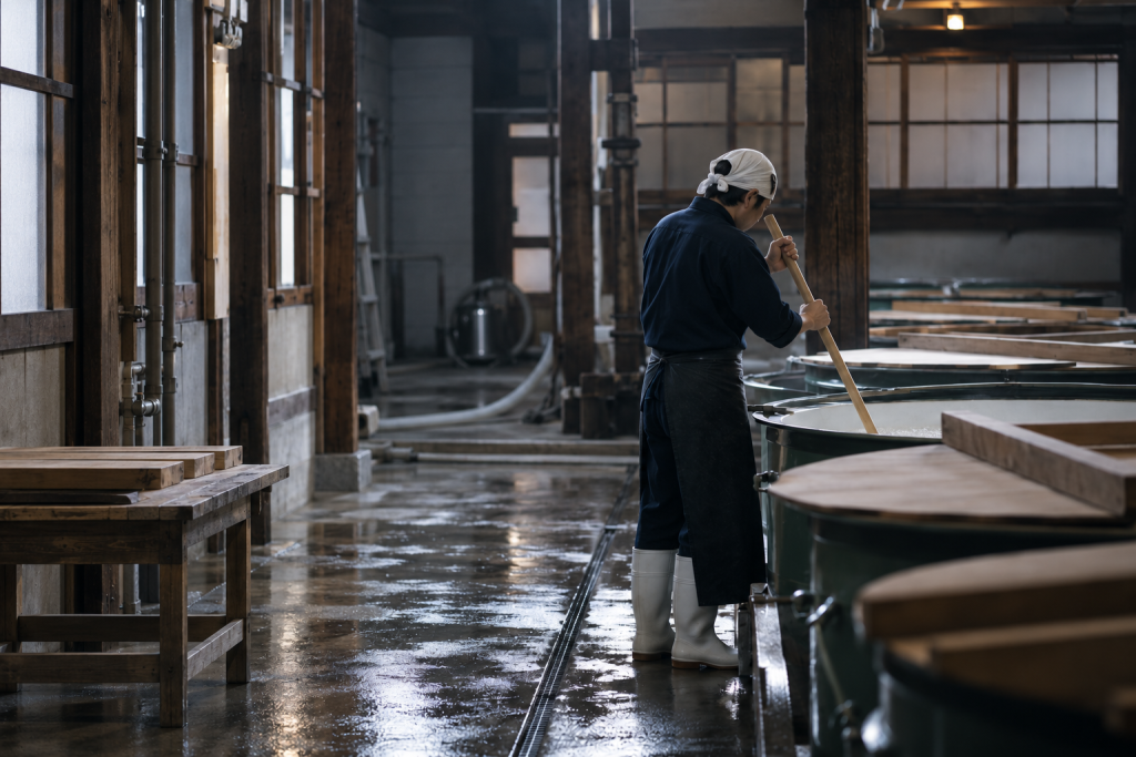 Home 日本酒酒藏內職人進行釀造作業的場景